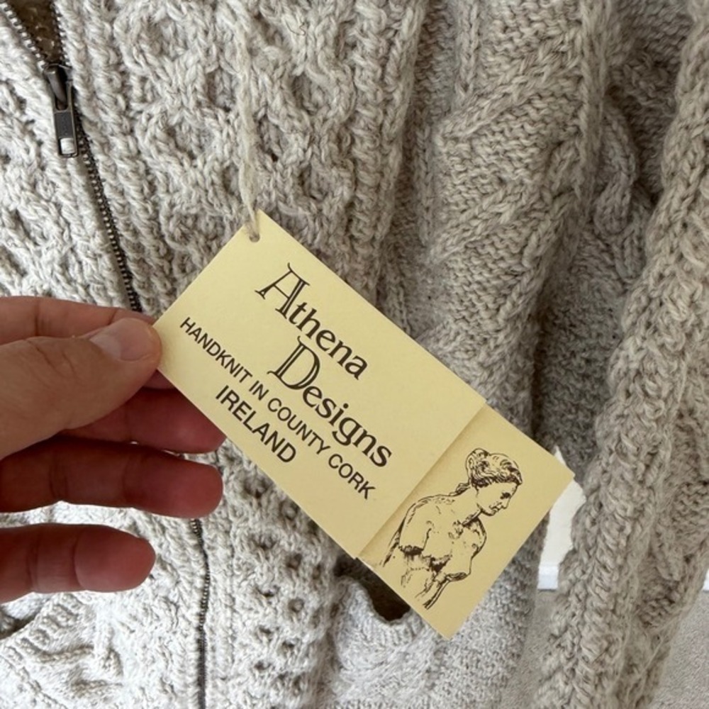 Athena Designs Irish Handknit‎ Wool Zip Cardigan Sweater Oatmeal Mens XL - Picture 3 of 9